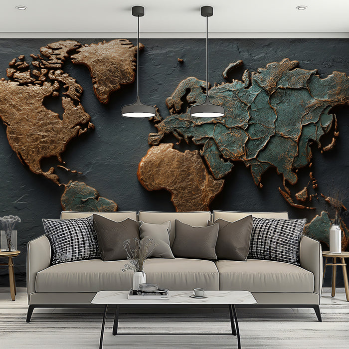 Dual-Tone Patina World Map Mural Wallpaper | Copper and Verdigris Relief, Dark Slate Background, Dramatic Contrast