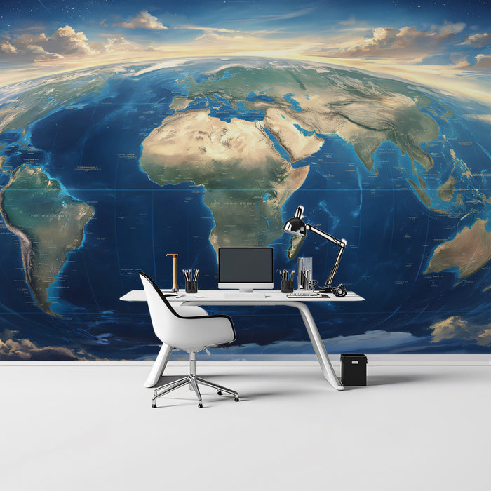 Wide-Angle Global View Mural Wallpaper | Cinematic Earth, Blue Oceans, Dramatic Horizon Perspective