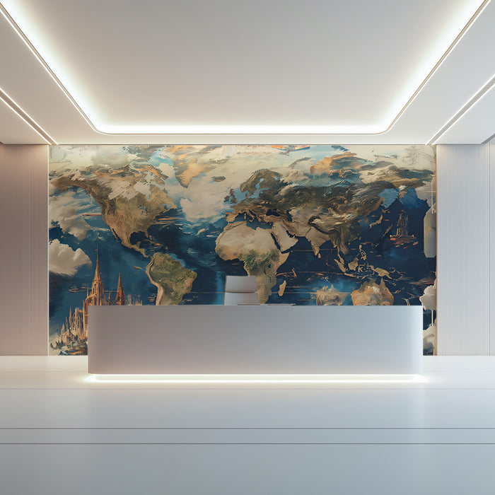 Fantasy Sky-World Map Mural Wallpaper | Surreal Landscape, Floating Castles, Painterly Clouds