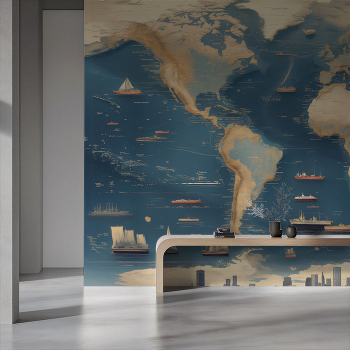 Nautical Exploration World Map Mural Wallpaper | Ocean Shipping Routes, Ship Illustration, Vintage Map Style