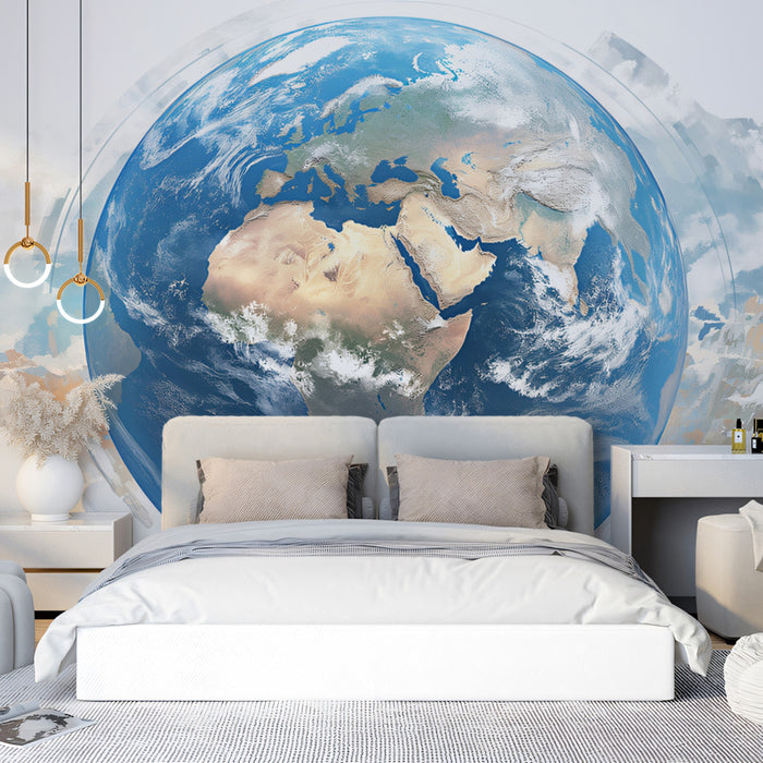 Water-Color Earth Globe Mural Wallpaper | Soft Focus, Detailed Planet View, Artistic Atmosphere