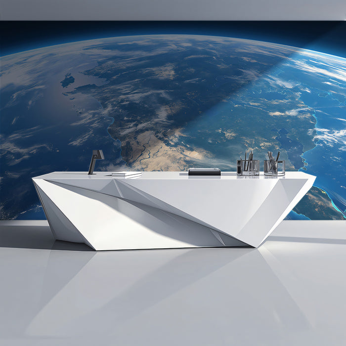 Low-Horizon Earth View Mural Wallpaper | Cinematic Perspective, Detailed Asia Coastline, Curving Planet