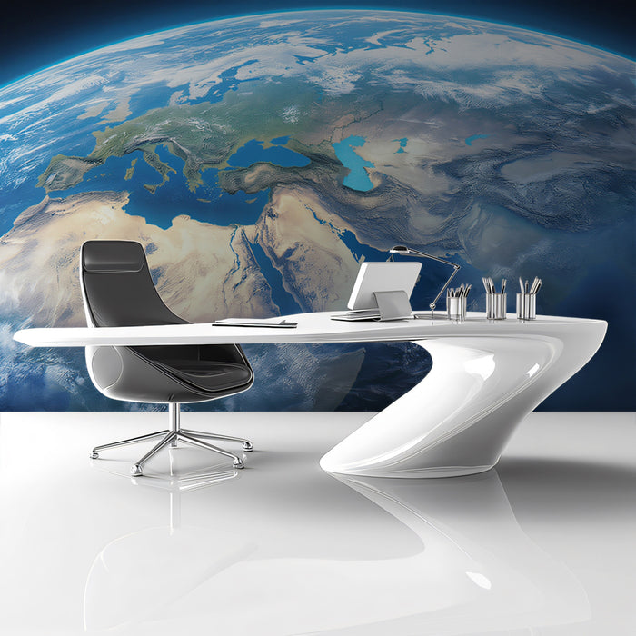 Orbital Earth View Mural Wallpaper | High-Definition Globe, Europe and Asia Focus, Warm/Cool Contrast