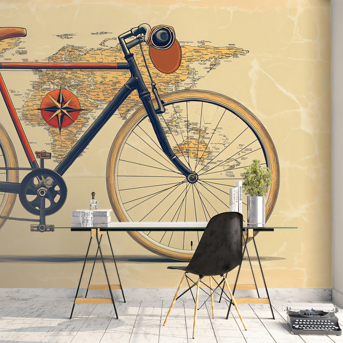 Vintage Bicycle on World Map Mural Wallpaper | Retro Travel Art, Compass Rose Detail, Warm Tones