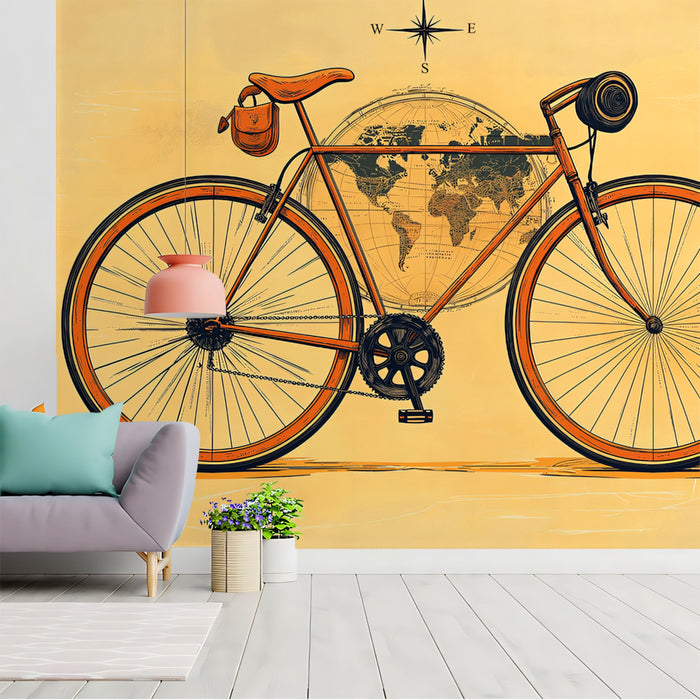 Minimalist Orange Bicycle on Globe Mural Wallpaper | Global Journey, Clean Lines, Warm Monochromatic Style