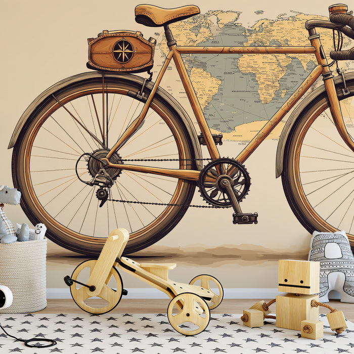 Brown Touring Bicycle on Vintage Map Mural Wallpaper | Retro Cycling Theme, Sepia Tones, World Travel
