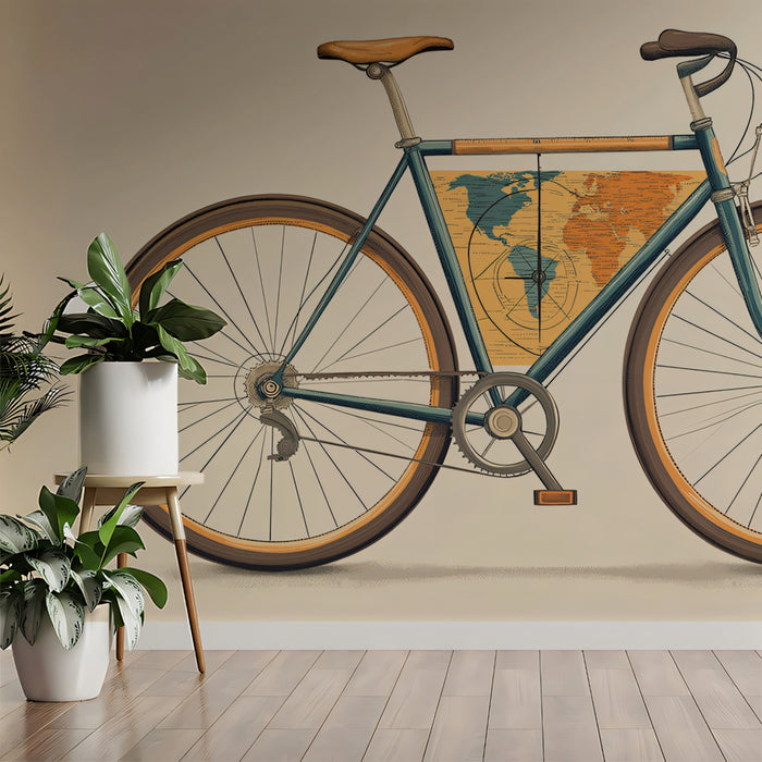 Graphic Bicycle with Map Frame Mural Wallpaper | Stylized Travel Art, Blue/Orange Contrast, Contemporary Retro