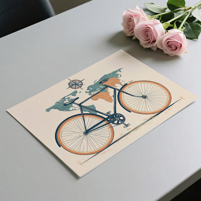 Graphic Bicycle with Duotone Map Mural Wallpaper | Retro Travel Art, Teal and Orange Contrast, Clean Style