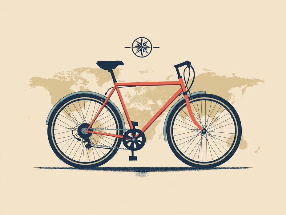 Modern Commuter Bicycle on Vintage Map Mural Wallpaper | Orange and Navy Palette, Clean Travel Illustration