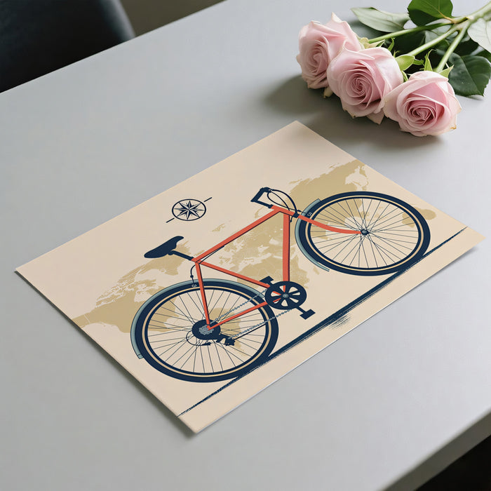 Modern Commuter Bicycle on Vintage Map Mural Wallpaper | Orange and Navy Palette, Clean Travel Illustration