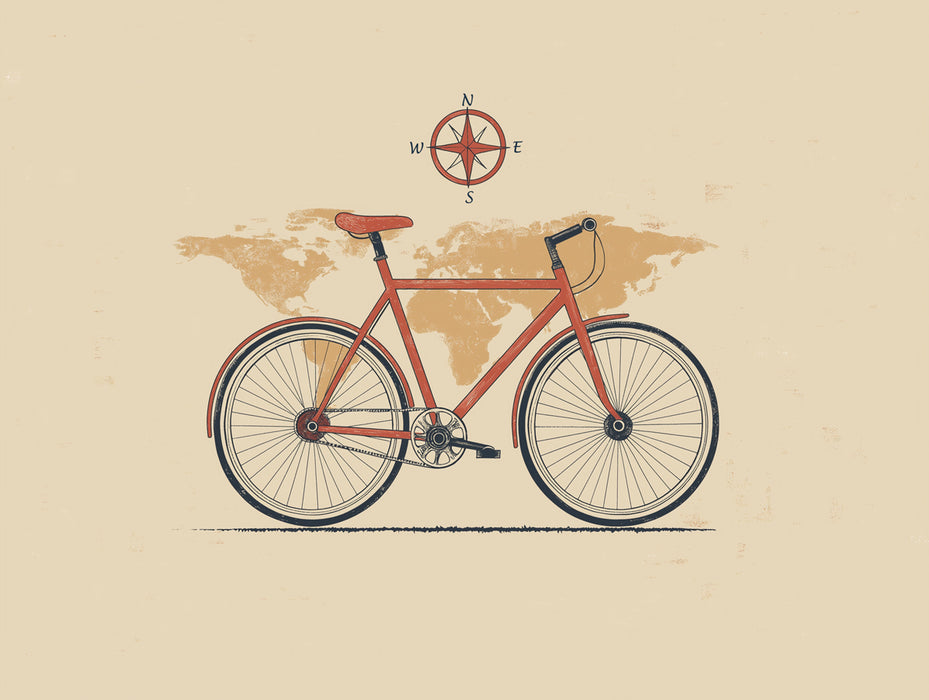 Minimalist Red Bicycle Mural Wallpaper | Hand-Drawn Style, Warm Sepia Map, Simple Travel Motif