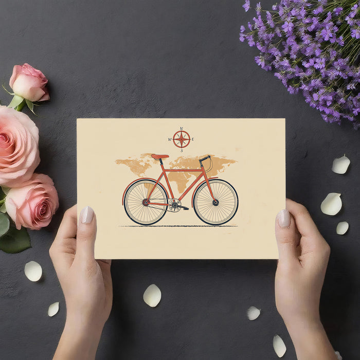 Minimalist Red Bicycle Mural Wallpaper | Hand-Drawn Style, Warm Sepia Map, Simple Travel Motif