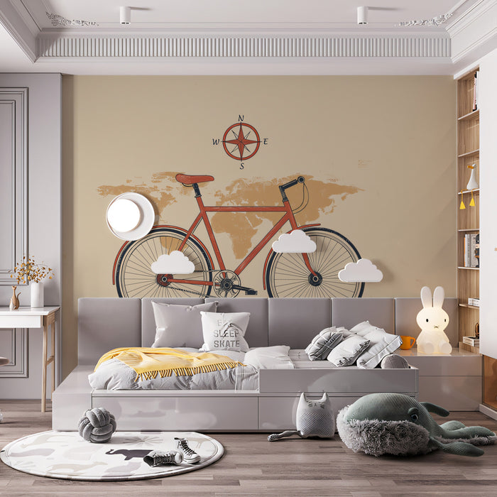 Minimalist Red Bicycle Mural Wallpaper | Hand-Drawn Style, Warm Sepia Map, Simple Travel Motif