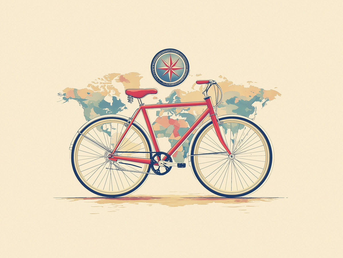 Pop of Red Bicycle on Vintage Map Mural Wallpaper | Vibrant Contrast, Retro Cartography, Travel Illustration