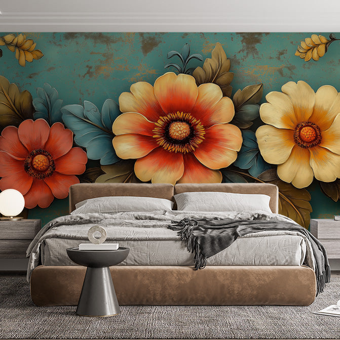 Vibrant Floral Mural Wallpaper in Bedroom | Various Colors (Orange, Yellow, Green, etc.) of flowers
