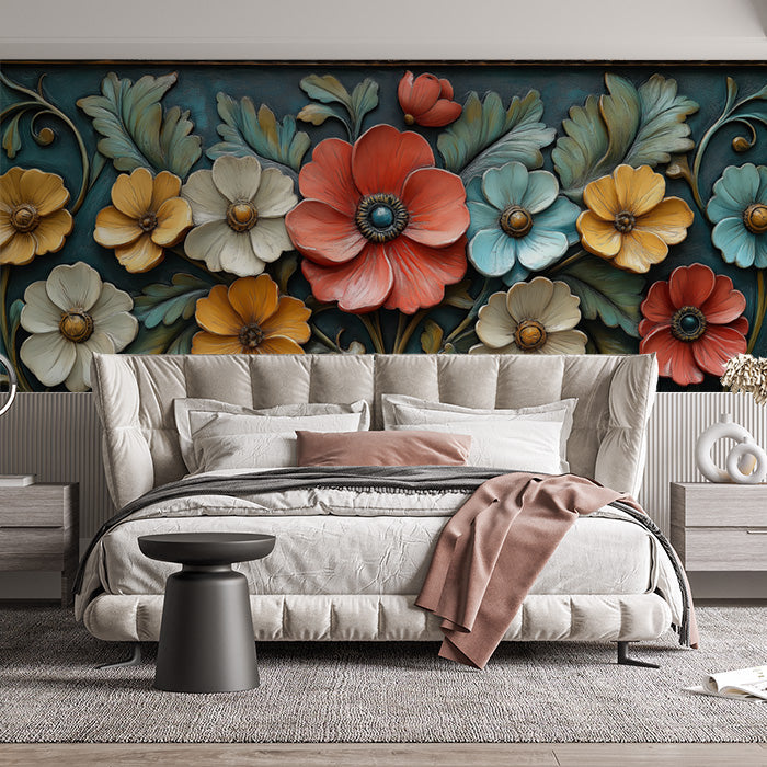 Vibrant Floral Mural Wallpaper in Bedroom | Various Colors (Orange, Yellow, Green, etc.) of flowers