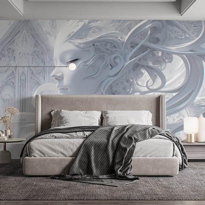 Ethereal Face Mural Wallpaper in Bedroom | Various Colors (White, Gray, etc.) Ethereal Face