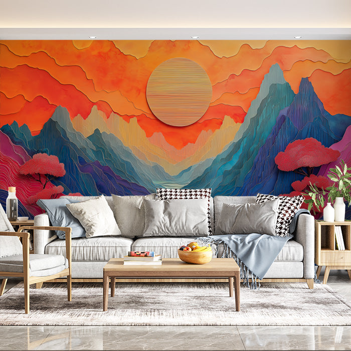 Colorful Mountain Sunset Mural Wallpaper in Living Room | Various Colors (Orange, Red, Blue, etc.) of Mountain Sunset