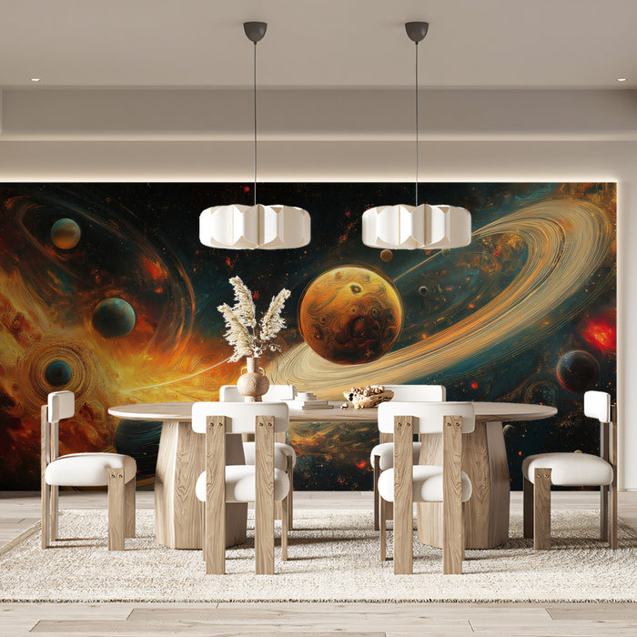 Baroque Cosmic Planetary System Mural Wallpaper | Chaotic Gold and Teal Nebula, Multiple Worlds