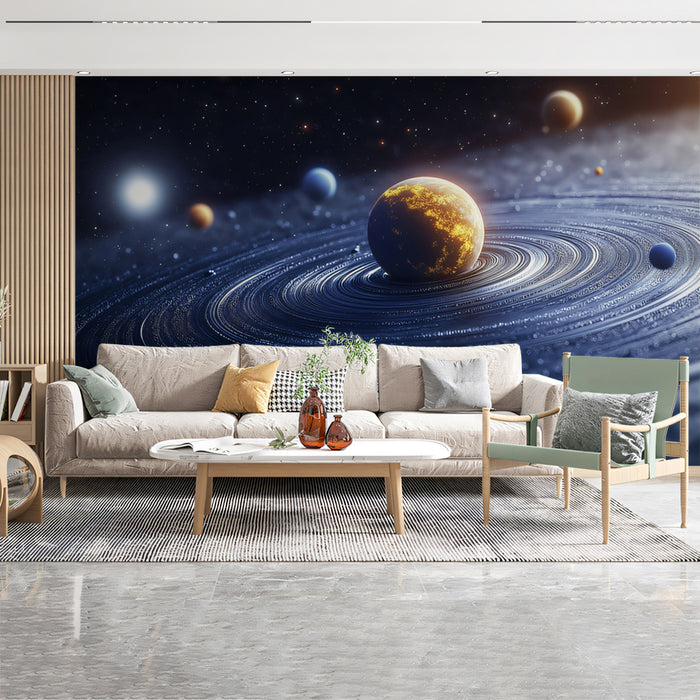 Close-Up Ring System Planet Mural Wallpaper | Cool Blue Rings, Fiery Planet Core, High Contrast