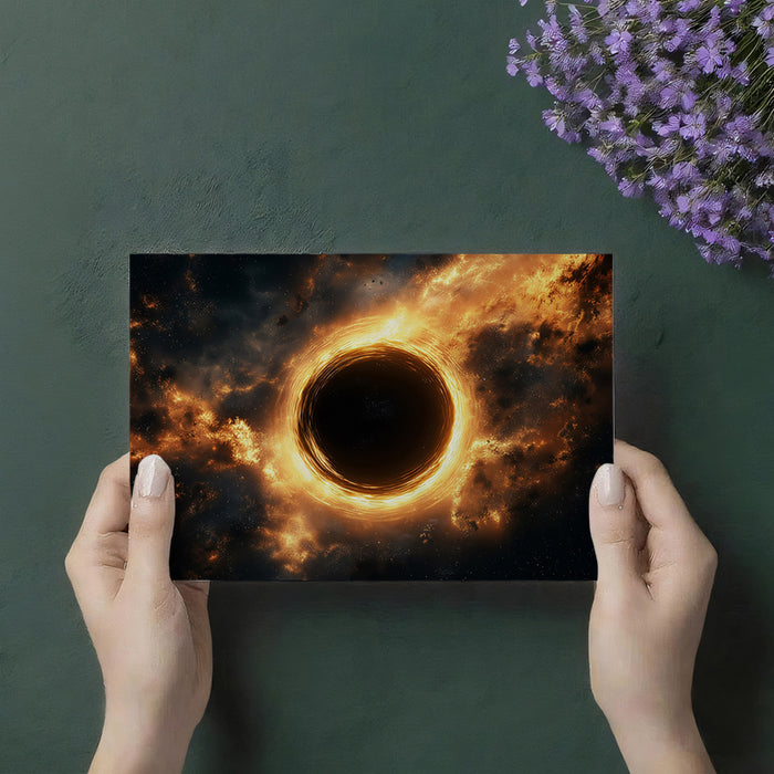 Fiery Black Hole Accretion Disk Mural Wallpaper | Golden Cosmic Ring, Intense Energy, Dark Center
