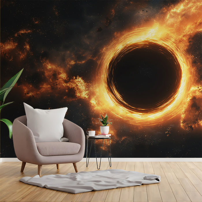 Fiery Black Hole Accretion Disk Mural Wallpaper | Golden Cosmic Ring, Intense Energy, Dark Center