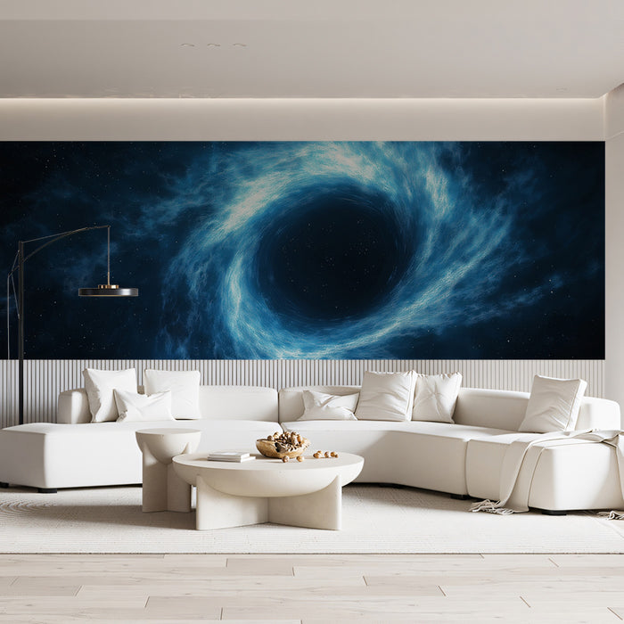 Cold Blue Black Hole Vortex Mural Wallpaper | Azure Cosmic Swirl, Negative Space Focus, Cool Drama