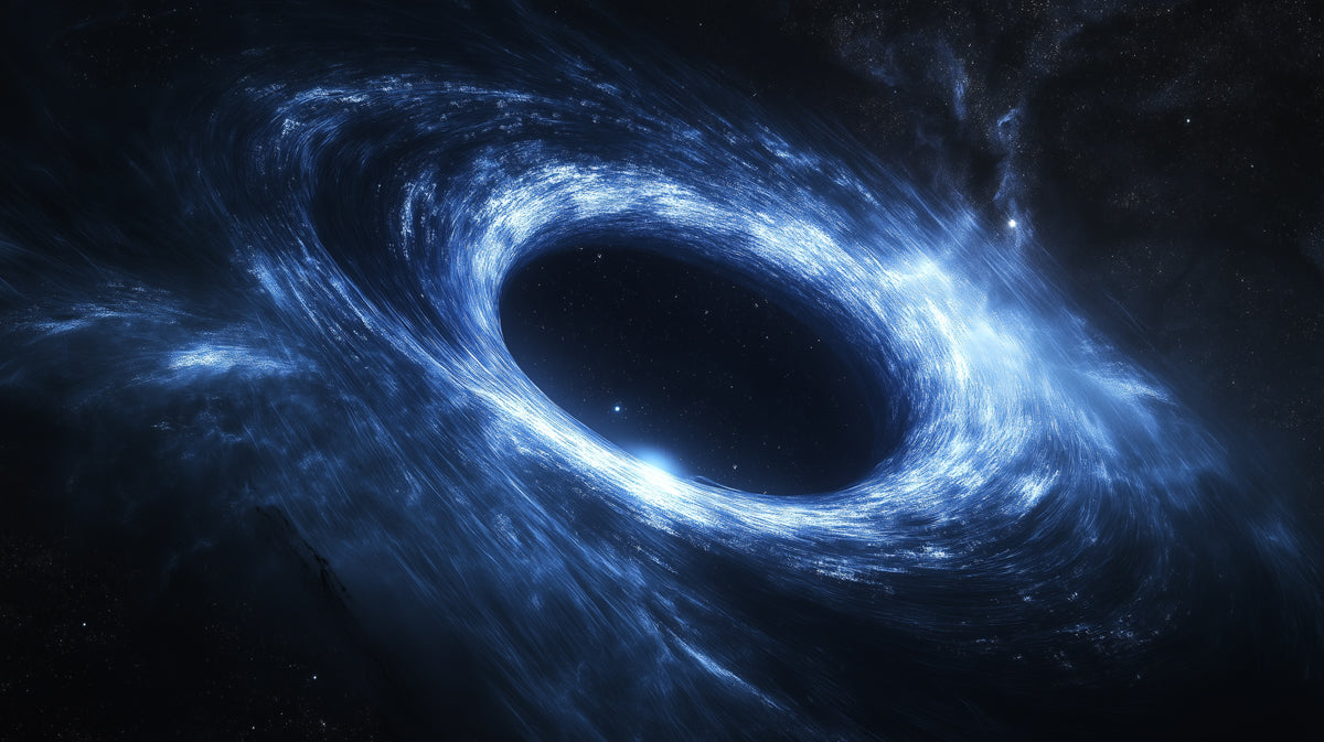 Angled Blue Black Hole Accretion Disk Mural Wallpaper | Elliptical Vortex, Depth and Light, Sci-Fi Aesthetic