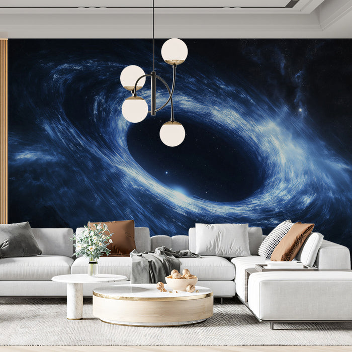 Angled Blue Black Hole Accretion Disk Mural Wallpaper | Elliptical Vortex, Depth and Light, Sci-Fi Aesthetic