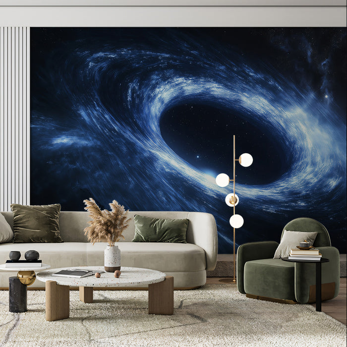 Angled Blue Black Hole Accretion Disk Mural Wallpaper | Elliptical Vortex, Depth and Light, Sci-Fi Aesthetic