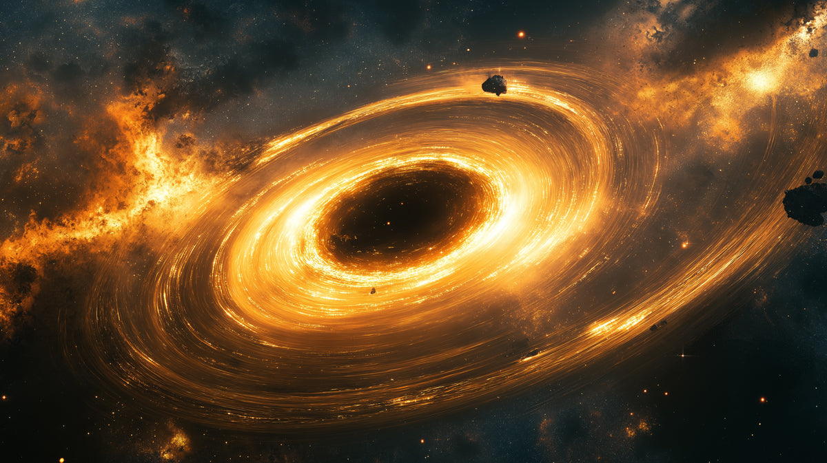 Golden Black Hole Accretion Vortex Mural Wallpaper | Fiery Rings, Cosmic Dust, Explosive Energy