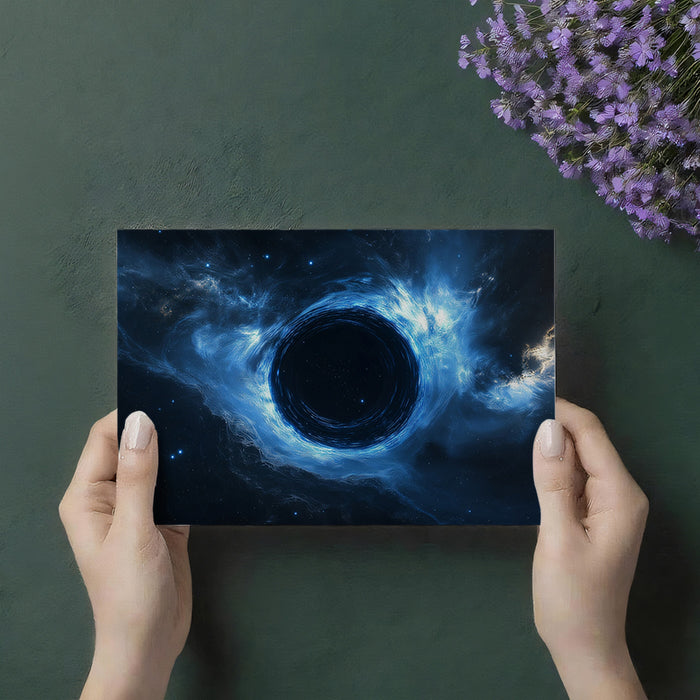 Central Blue Black Hole Mural Wallpaper | Clean Event Horizon, Cool Blue Accretion Cloud, Mystery