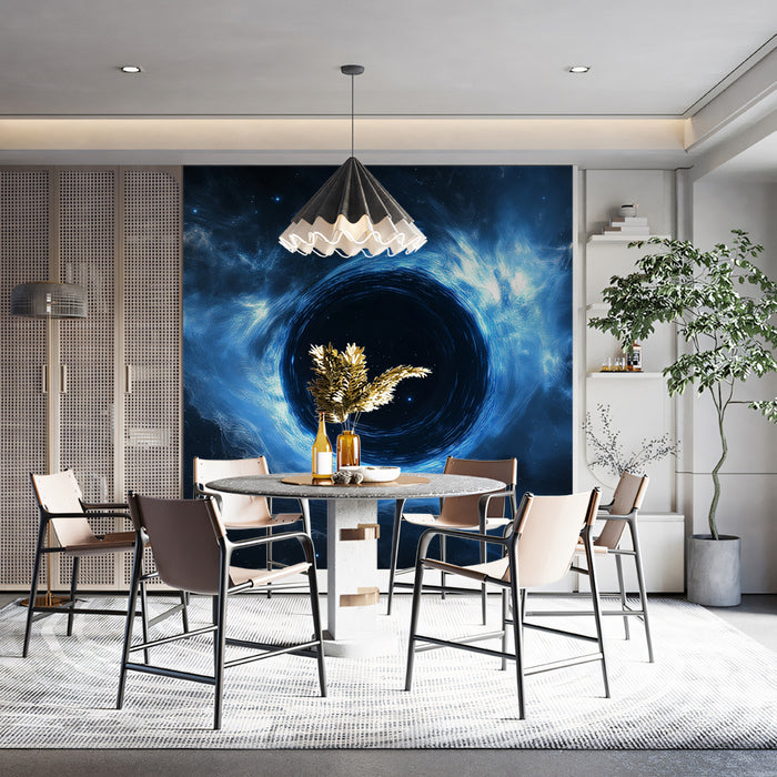 Central Blue Black Hole Mural Wallpaper | Clean Event Horizon, Cool Blue Accretion Cloud, Mystery
