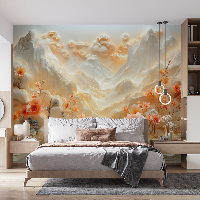 Mountain and Flower Mural Wallpaper in Bedroom | Various Colors (Orange, Beige, etc.) of Mountain and Flower