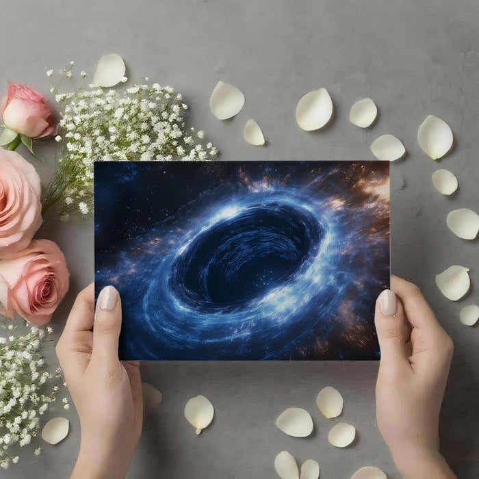 Dual-Tone Black Hole Vortex Mural Wallpaper | Blue and Gold Accretion, Angled Cosmic Funnel, High Drama