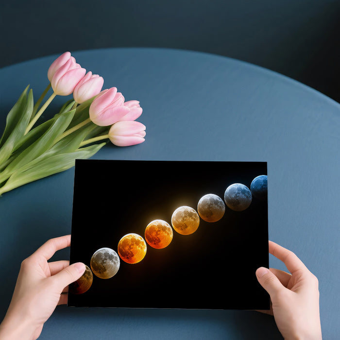 Diagonal Lunar Eclipse Color Spectrum Mural Wallpaper | Multiple Moon Phases, Blue to Red Shift, Dramatic Contrast