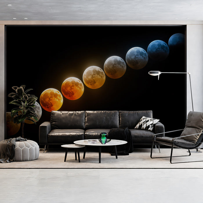 Diagonal Lunar Eclipse Color Spectrum Mural Wallpaper | Multiple Moon Phases, Blue to Red Shift, Dramatic Contrast