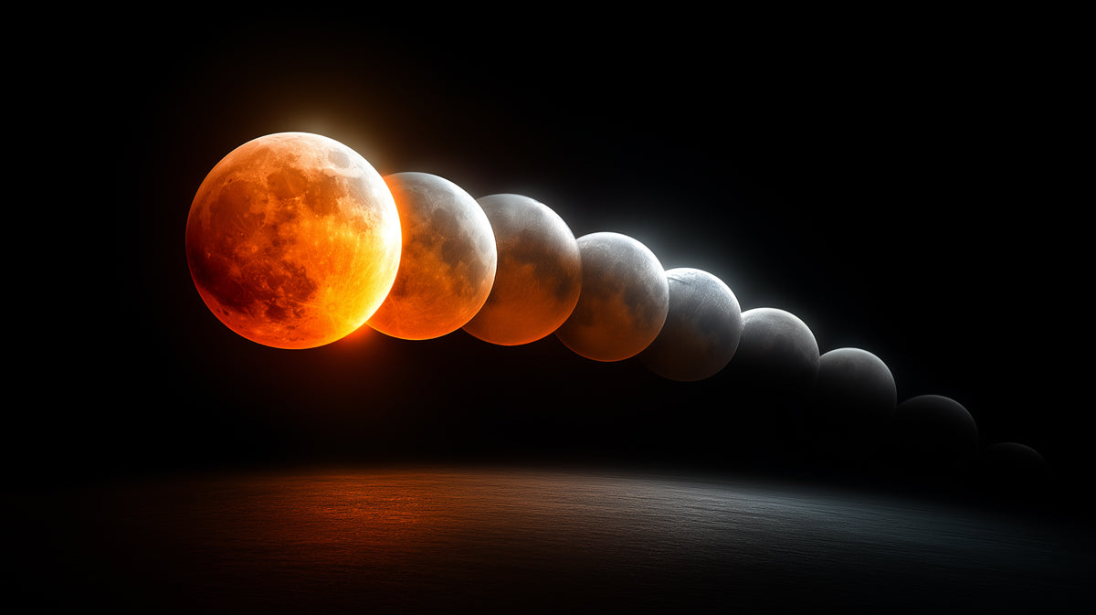 Horizon Lunar Eclipse Sequential Mural Wallpaper | Reflections, Moon Phase Time-Lapse, Orange Glow
