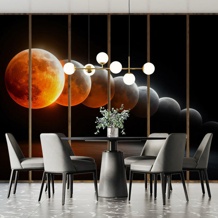 Horizon Lunar Eclipse Sequential Mural Wallpaper | Reflections, Moon Phase Time-Lapse, Orange Glow