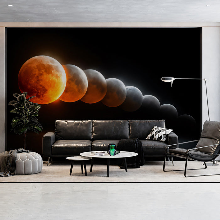 Horizon Lunar Eclipse Sequential Mural Wallpaper | Reflections, Moon Phase Time-Lapse, Orange Glow