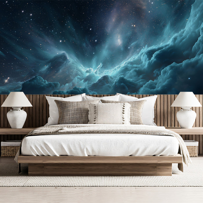Ethereal Nebula Peaks Mural Wallpaper | Turquoise and Purple Hues, Mystical Space Landscape