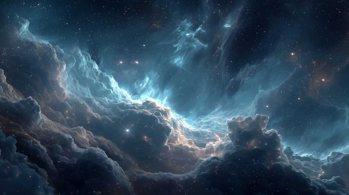 Blue Nebula Valley Mural Wallpaper | Cool Tones, Subtle Gold Light, Deep Cosmic Clouds