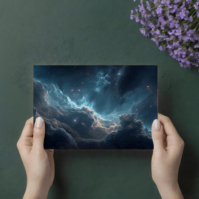 Blue Nebula Valley Mural Wallpaper | Cool Tones, Subtle Gold Light, Deep Cosmic Clouds