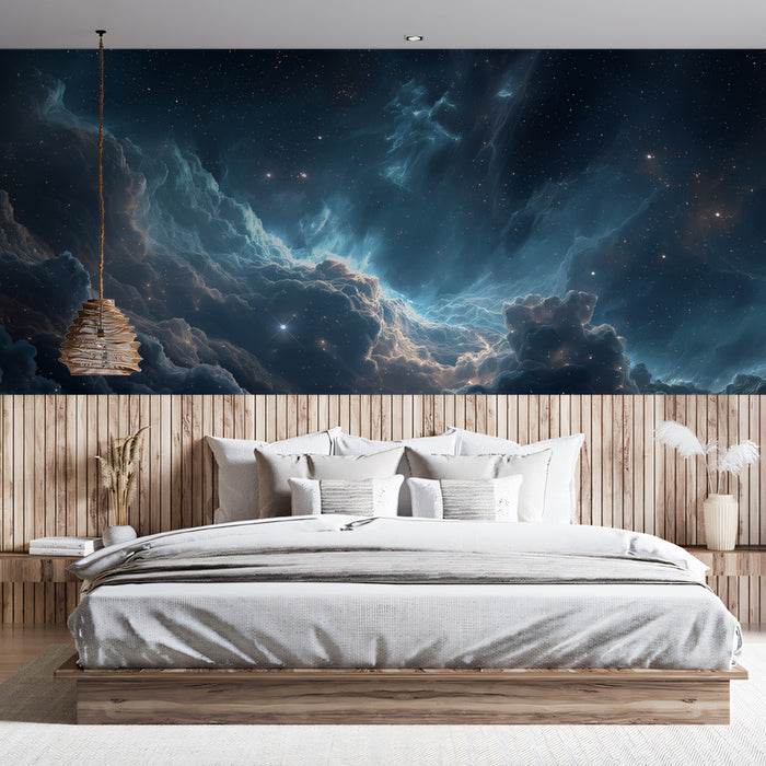 Blue Nebula Valley Mural Wallpaper | Cool Tones, Subtle Gold Light, Deep Cosmic Clouds