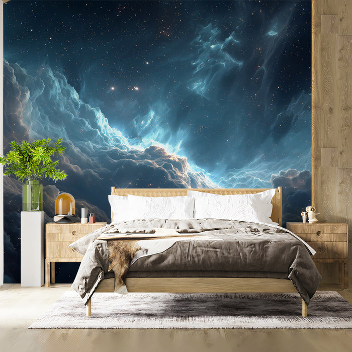 Blue Nebula Valley Mural Wallpaper | Cool Tones, Subtle Gold Light, Deep Cosmic Clouds