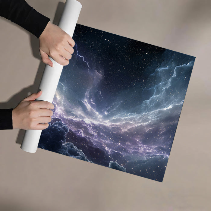 Stormy Purple and Blue Nebula Mural Wallpaper | Lightning Effect, High Contrast, Cosmic Energy