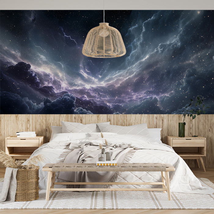 Stormy Purple and Blue Nebula Mural Wallpaper | Lightning Effect, High Contrast, Cosmic Energy
