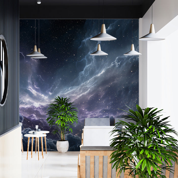 Stormy Purple and Blue Nebula Mural Wallpaper | Lightning Effect, High Contrast, Cosmic Energy