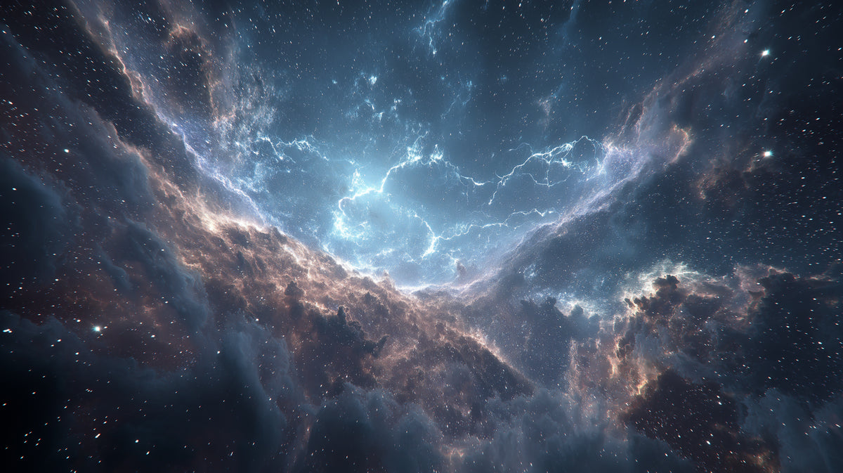 Nebula Canyon Lightning Mural Wallpaper | Blue and Gold Cosmic Storm, Dramatic Depth, Starry Sky