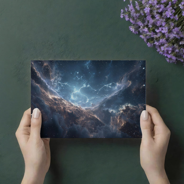 Nebula Canyon Lightning Mural Wallpaper | Blue and Gold Cosmic Storm, Dramatic Depth, Starry Sky